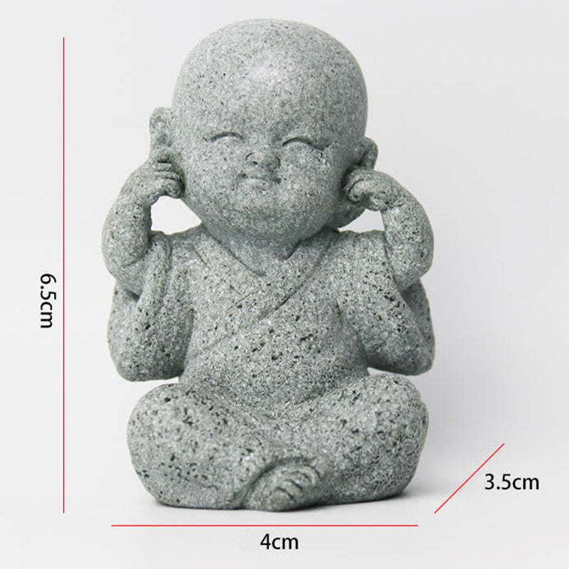 Meditation Monk Statue - Hear no evil monk covering ears with 6.5cm measurement details