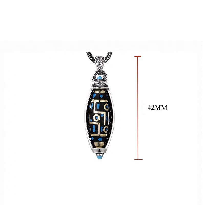 Nine-Eye Dzi Bead Pendant - Frontal view with 42mm dimension, gold and turquoise inlay details
