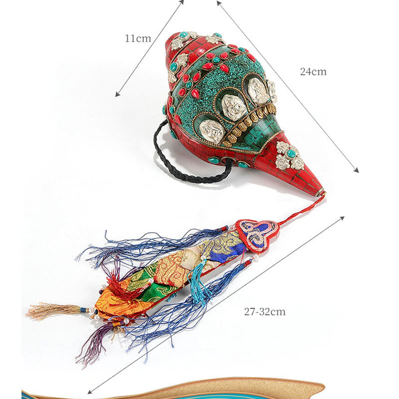 Turquoise Shankha Conch – soft daylight on carved robes with turquoise floral patterns, zen shelf decor