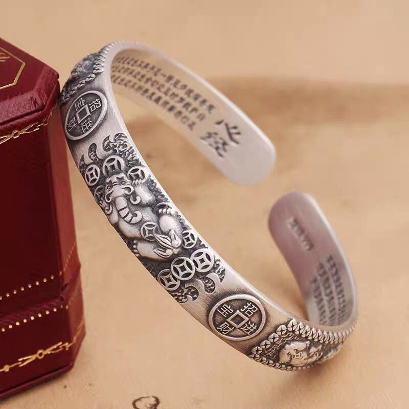 Tibetan PiXiu Heart Sutra Coin White Copper Wealth Bracelet – antique silver cuff by red gift box, good luck amulet