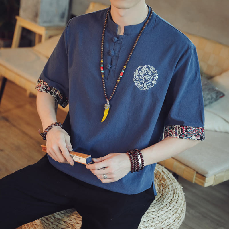 Dragon Embroidery Frog-Button Linen Tang Suit Shirt - Navy mandarin collar cloud embroidery, timeless