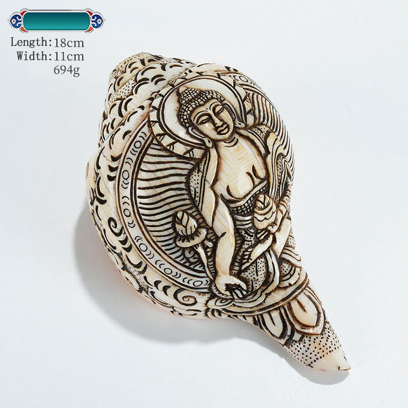 Engraved Shankha Wealth Conch – hand holding conch near heart chakra position, devotional prayer pose
