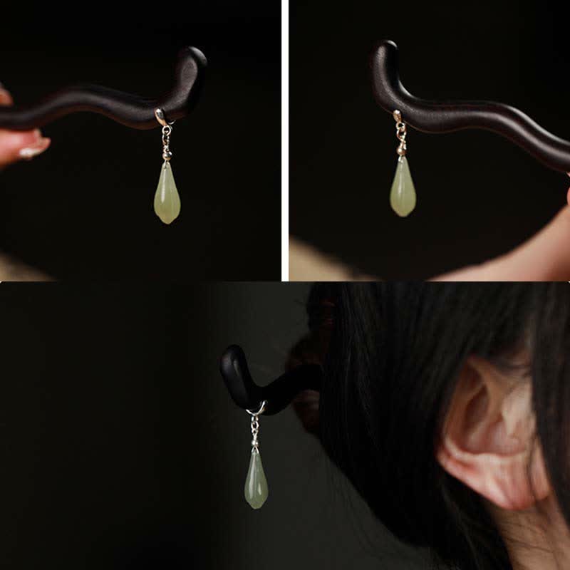 Collage showing three views of ebony hairpin with Hetian jade teardrop pendant