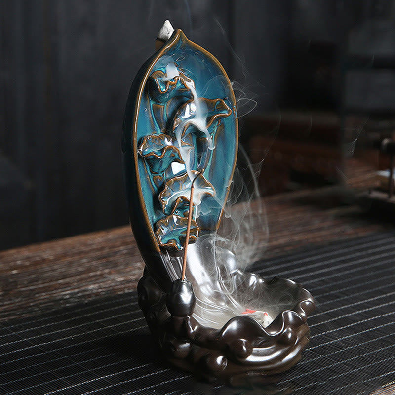 Ceramic Backflow Incense Burner – Teal vessel on bronze cloud base, Meditative