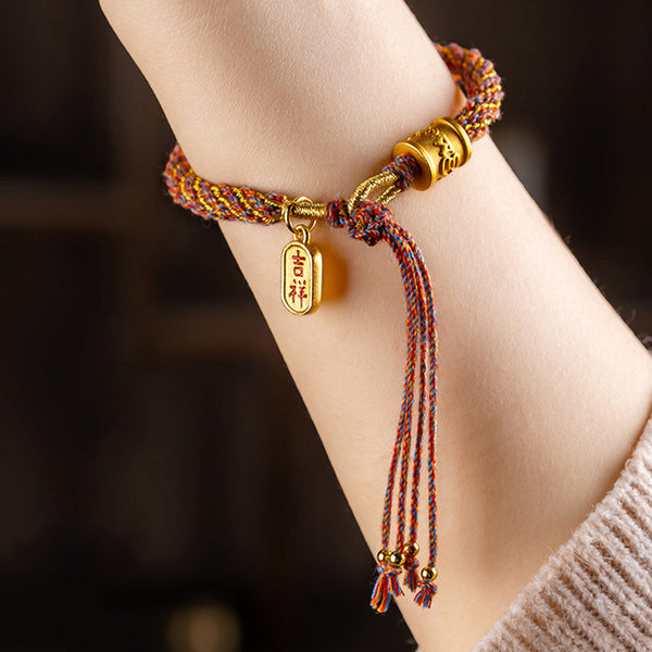 Multicolored Tibetan Om Mani Padme Hum Ruyi Braided Bracelet – Side view on wrist, Jixiang charm, braided bracelet