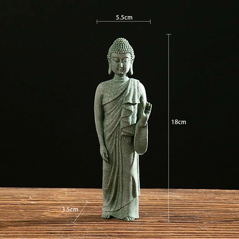 Green Sandstone Buddha Statue – Standing Buddha with abhaya mudra and size markings