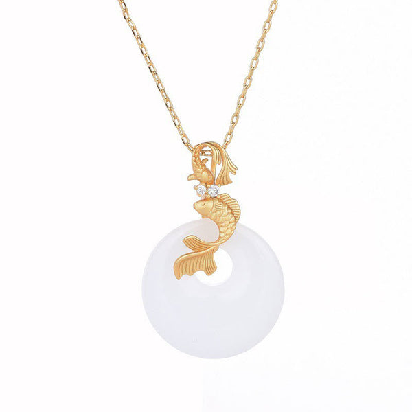 White Jade Koi Necklace – Jade koi necklace in gift box with velvet lining, jewelry gift