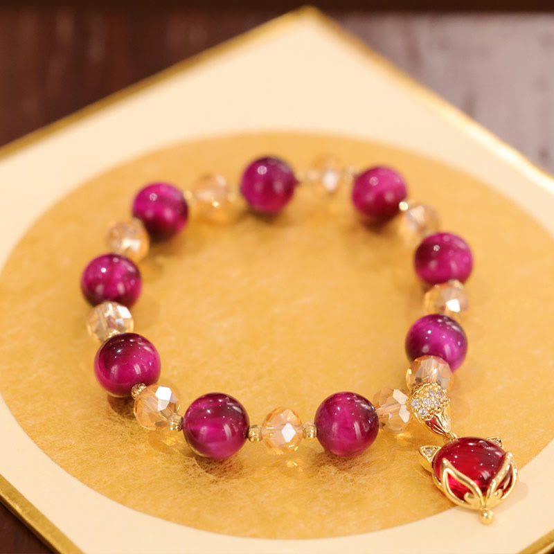 Red Tiger Eye PiXiu Fox Bracelet – Bracelet gold tray fox charm, luxury protection jewelry