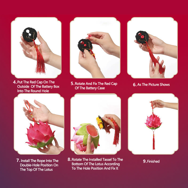 DIY Lotus Dragon Lantern Tassel Lamp – Steps 4-9 lotus assembly with battery case and petal layers, Build guide