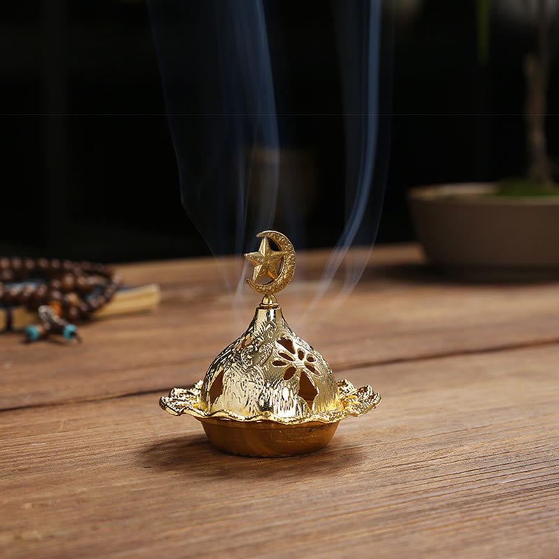 Mini Alloy Incense Burner – gold dome burner with crescent moon star finial, wispy smoke on wood