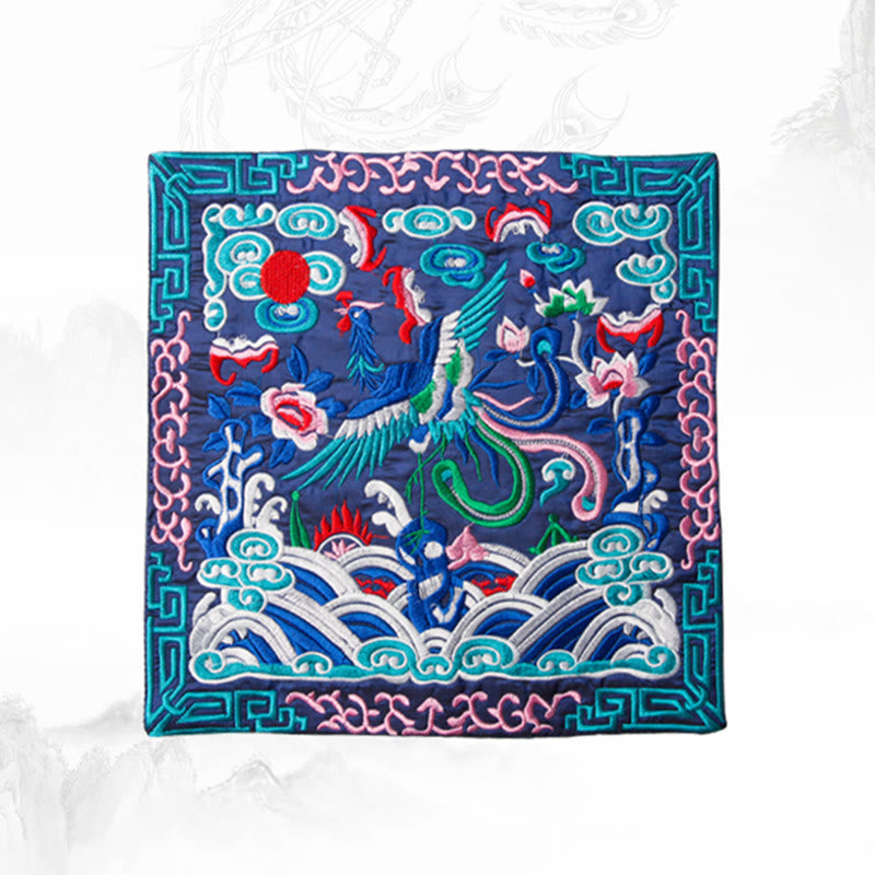 Phoenix Dragon Kirin Embroidery Tea Cup Mat - Overhead flat lay of navy phoenix on white, Design Clarity