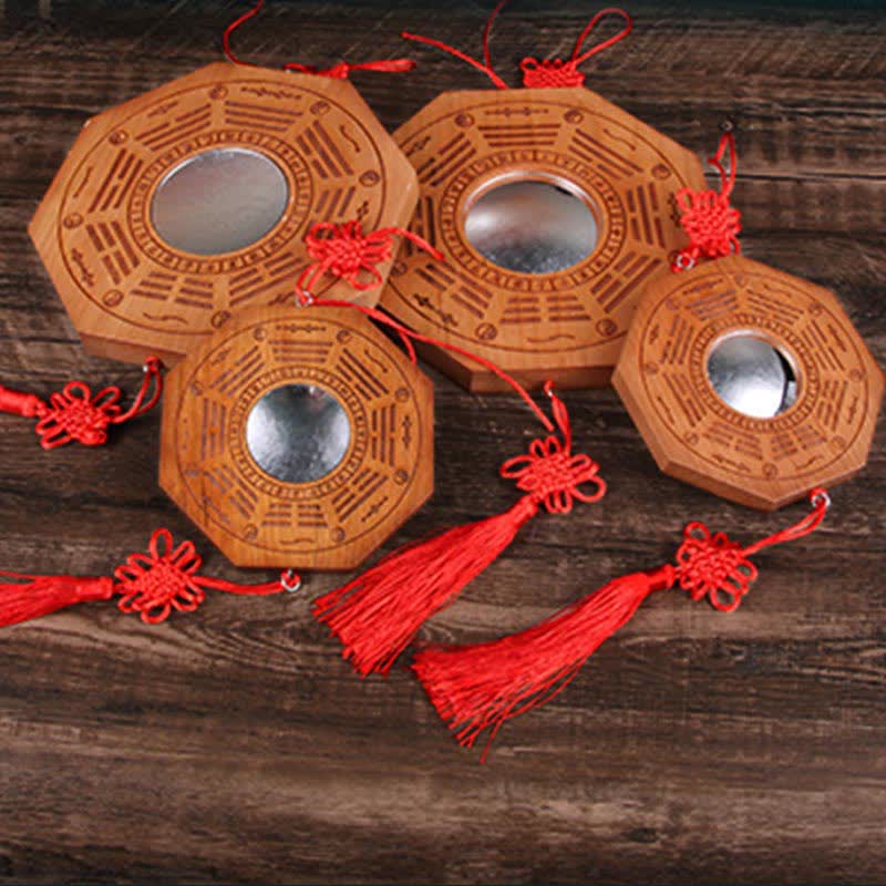 Peach Wood Bagua Map - composite grid showing bagua mirror details coins and hand-held scale views