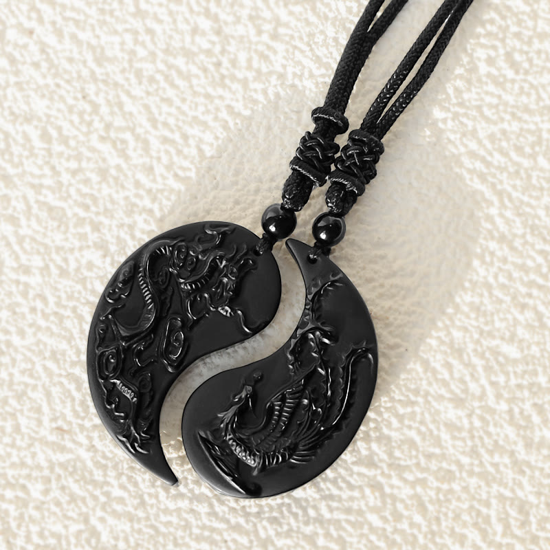Black Obsidian Dragon Phoenix Necklace - Matching obsidian pendants with macrame cord on cream fabric, Balance