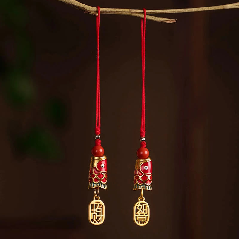 Koi Fish Cinnabar Ruyi Phone Charm – close-up of carved red cinnabar koi fish pendant, lucky phone hanging accessory