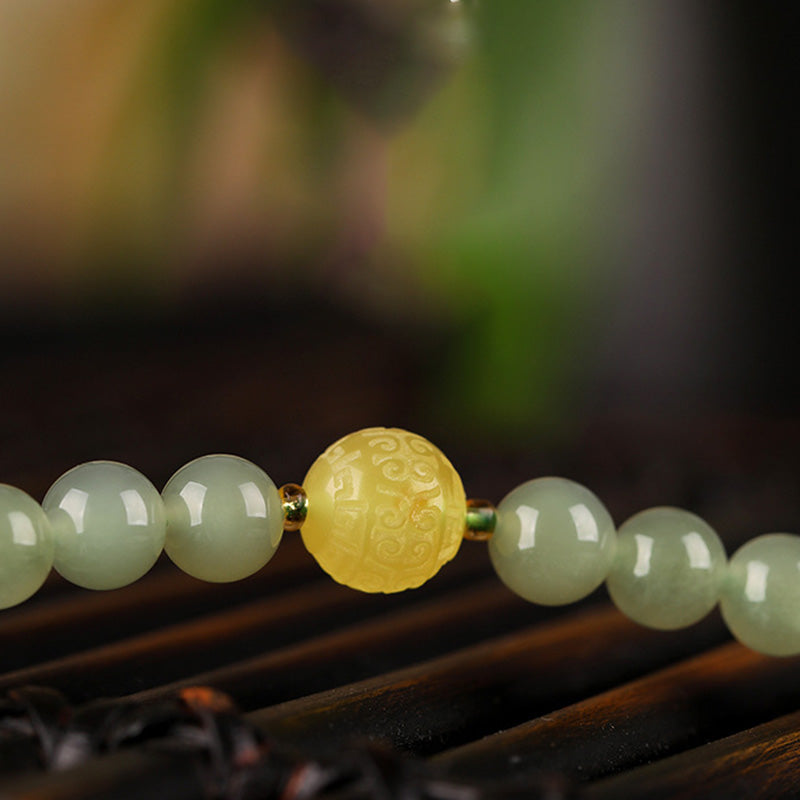 Jade Agate Prosperity Bracelet - Detail of amber accent beads, red agate healing stones
