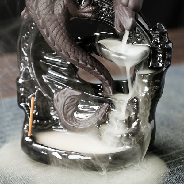Dragon Backflow Burner close-up – scaly dragon head with luminous smoke stream, dramatic