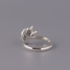 925 Sterling Silver Lotus Ring - Polished silver flower on smooth band, three-quarter view, silver jewelry
