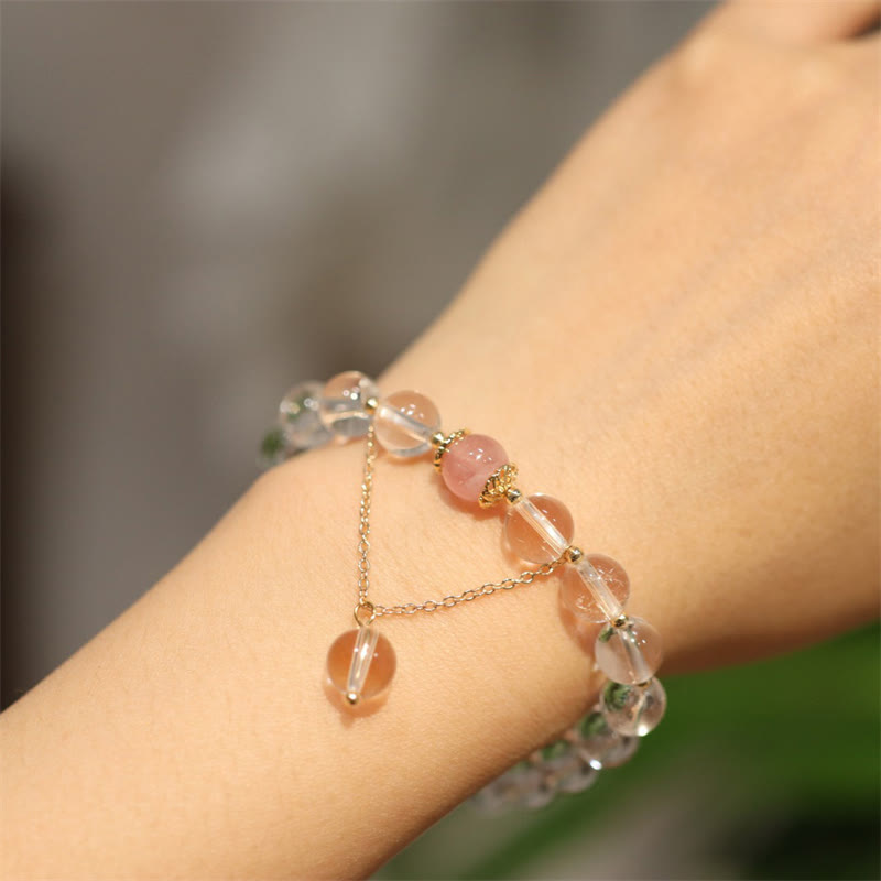 Yin Yang Obsidian Crystal Bracelet - Pink and clear crystal bracelet with gold dangle charm, bead bracelet