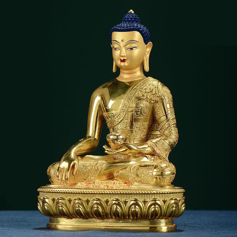 Shakyamuni Enlightenment Copper Statue – side profile elongated ear and shoulder, Buddhist iconography
