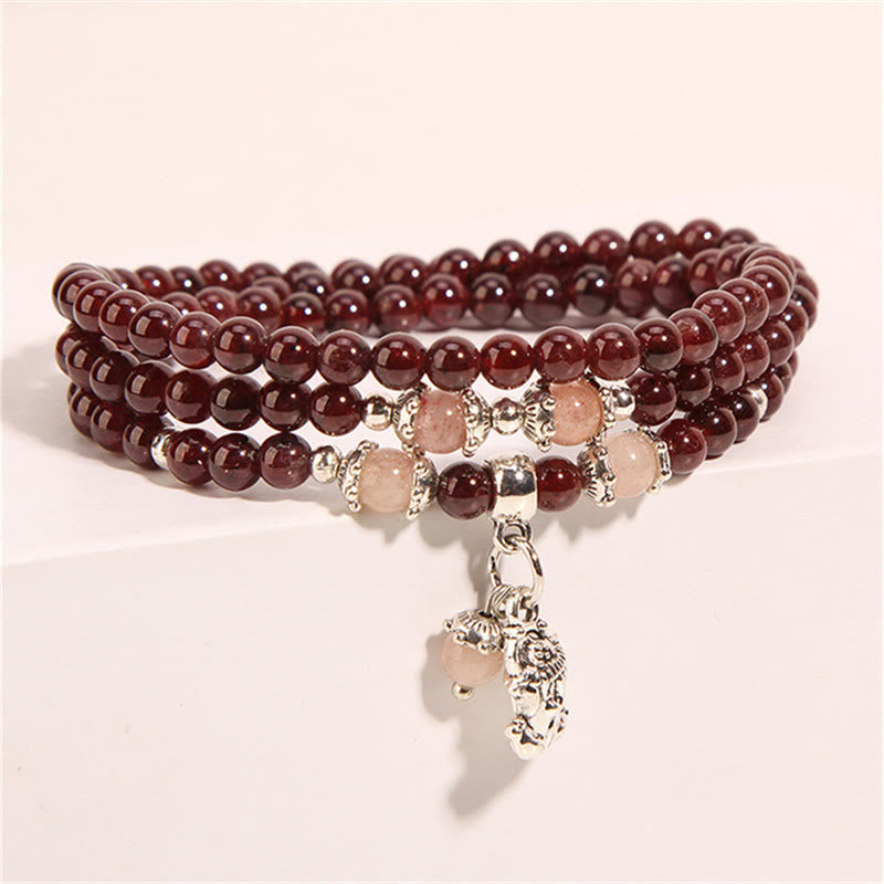 Garnet Strawberry Quartz Green Beans PiXiu Wrap Bracelet – three-layer garnet with detailed silver PiXiu pendant
