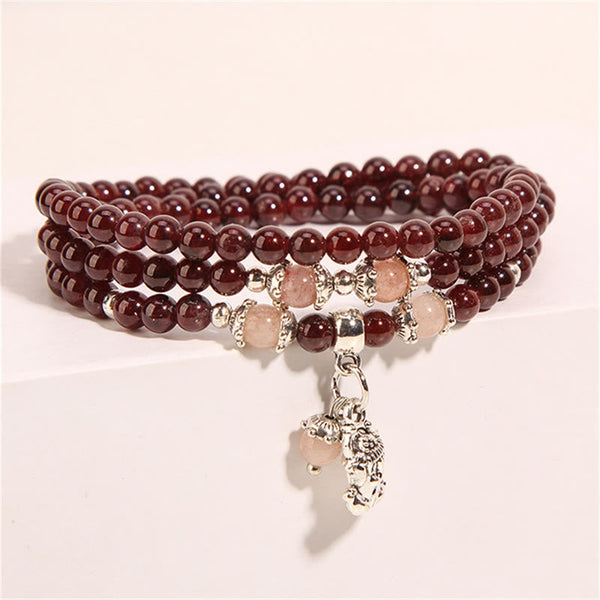 Garnet Strawberry Quartz Green Beans PiXiu Wrap Bracelet – three-layer garnet with detailed silver PiXiu pendant