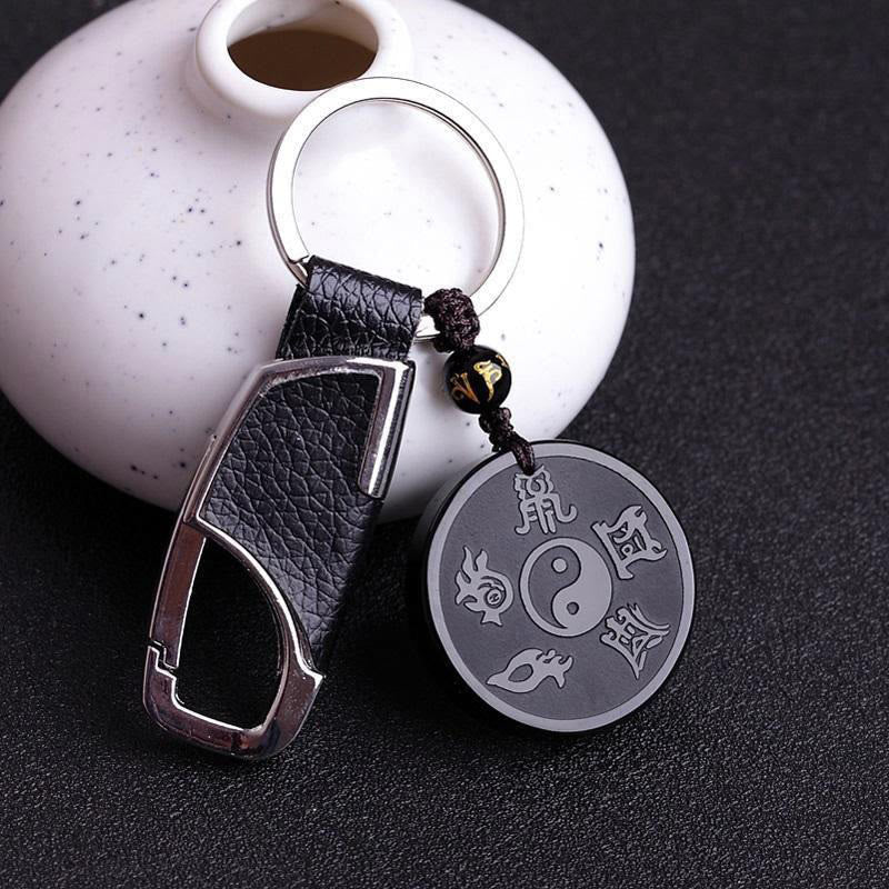 Black Obsidian Bagua Key Chain – Keychain with yin yang obsidian pendant, Taoist talisman accessory