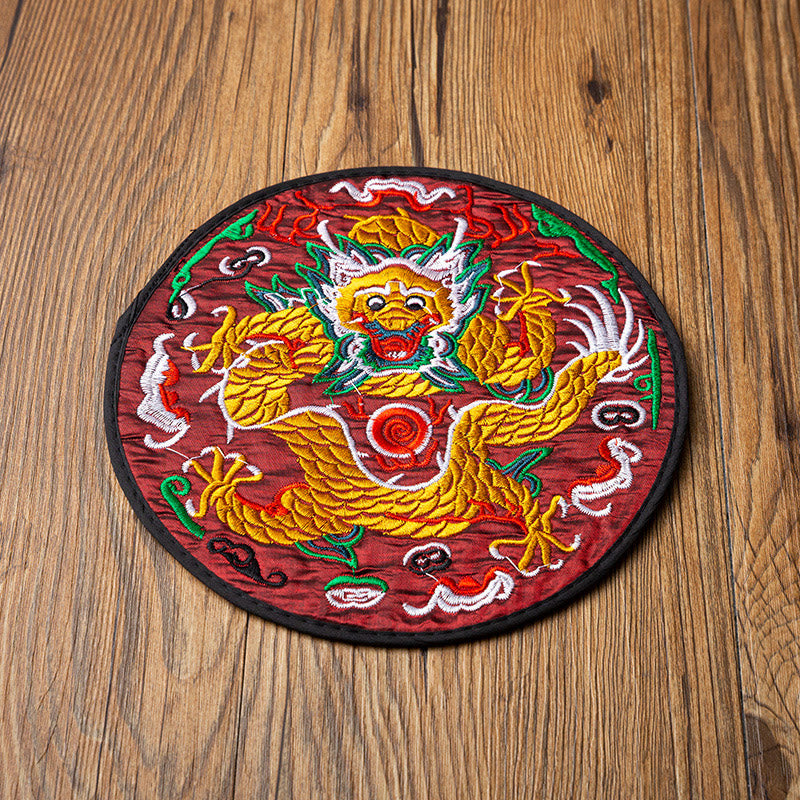 Dragon Embroidery Tea Cup Coaster Mat - burgundy base symmetrical dragon with pearl, elevated angle, rich heritage