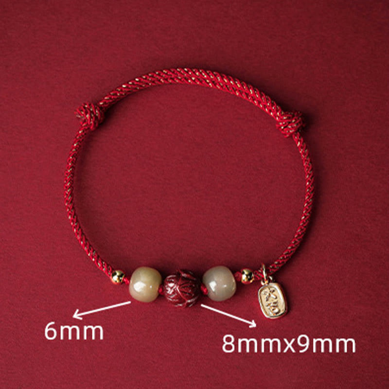 Hetian Jade Cinnabar Lotus Bracelet – Red cord with bead size annotations on burgundy background, product measurements