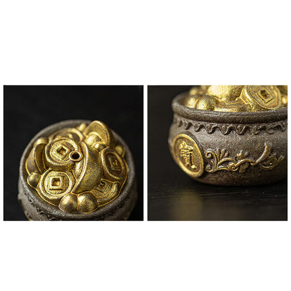 Treasure Bowl Incense Burner – Money bowl with gold coins and ingots, top and side view, feng shui incense accessory