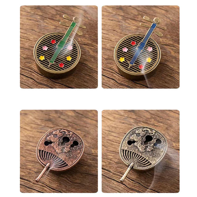 Copper Incense Burner Set – four burner variants in lute and fan shapes with enamel details