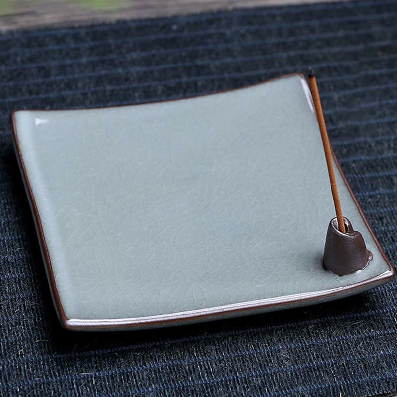 Lotus Ceramic Backflow Incense Burner - square crackle glaze plate with corner cone stick holder, minimalist