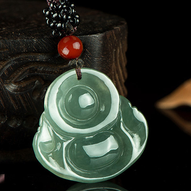 Silver Sheen Obsidian Laughing Buddha Necklace – macro of silver chatoyancy effect, rare obsidian quality