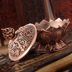 Lotus Shaped Incense Burner - Copper censer lid open revealing interior on dark backdrop, Meditative calm