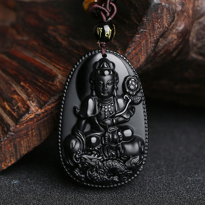 Chinese Zodiac Buddha Black Obsidian Necklace – Mahasthamaprapta with lotus flower on obsidian pendant, gold mantra bead on cord, horse zodiac protector deity