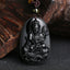 Chinese Zodiac Buddha Black Obsidian Necklace – Mahasthamaprapta with lotus flower on obsidian pendant, gold mantra bead on cord, horse zodiac protector deity