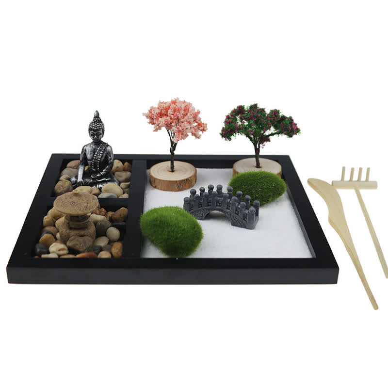 Buddha Zen Garden Decoration - Complete zen garden set with Buddha statue, stones, bridge, trees, moss in black tray