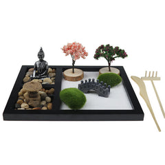 Buddha Zen Garden Decoration - Complete zen garden set with Buddha statue, stones, bridge, trees, moss in black tray