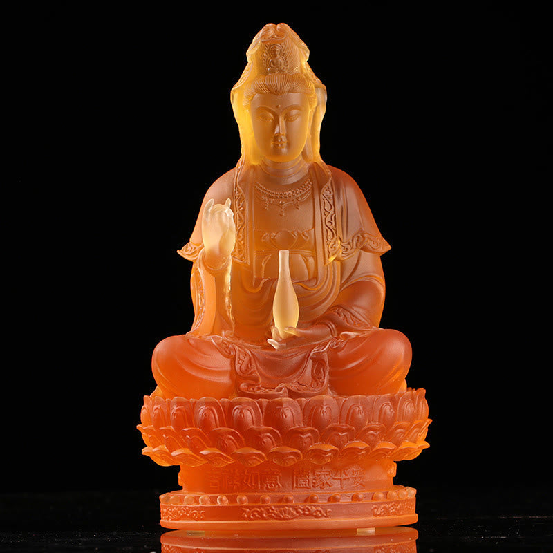 Kwan Yin Liuli Crystal Statue – Smooth polished surface catching natural light, luxury collectible