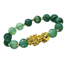 Cyan Jade PiXiu Success Bracelet – green jade beads with gold PiXiu charm on white background, harmony feng shui bracelet