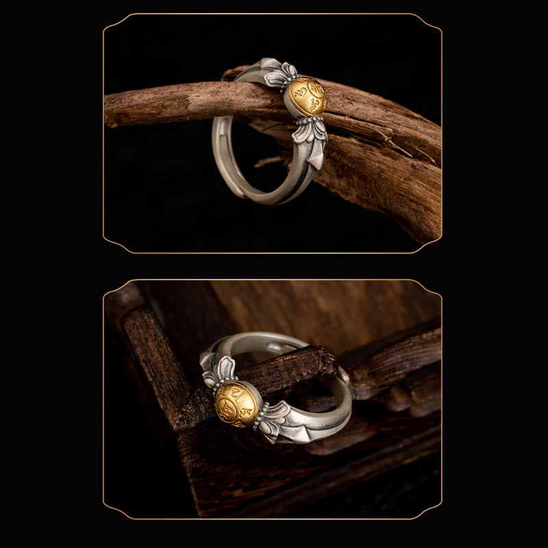 Manjusri Mantra Ring – Dual view on wooden branch and box, silver gold two-tone adjustable band