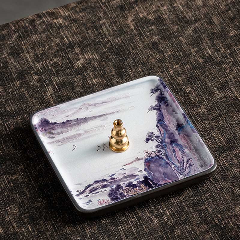 Purple Mountain Incense Burner – Ink-wash landscape ceramic plate with brass stupa holder on dark textile