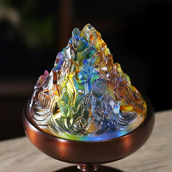 Crystal Mountain Incense Burner – prismatic glass peaks on bronze bowl, liuli incense burner