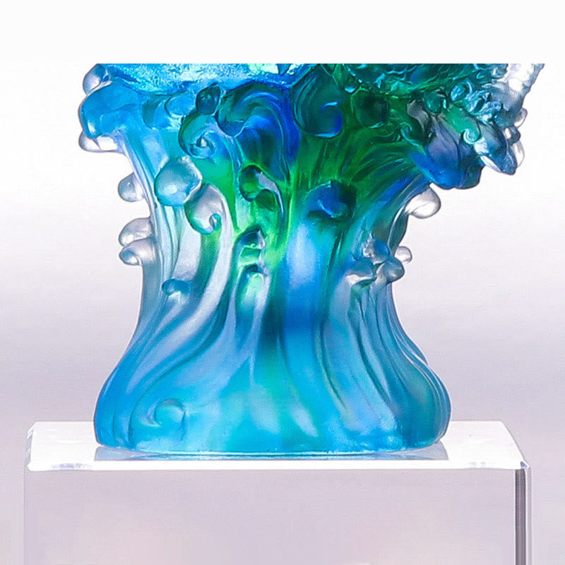 Azure Dragon Liuli Crystal – wave base close-up with teal-green color flow, artisan craft