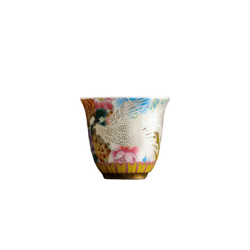 Dragon Phoenix Ceramic Teacup - White-background cutout showing full phoenix and peony design, Vibrant heritage