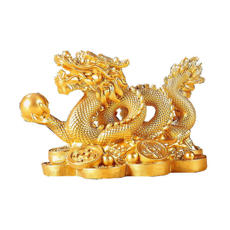 Dragon Copper Coin Decoration - Golden dragon holding pearl atop coin base, wealth symbol ornament