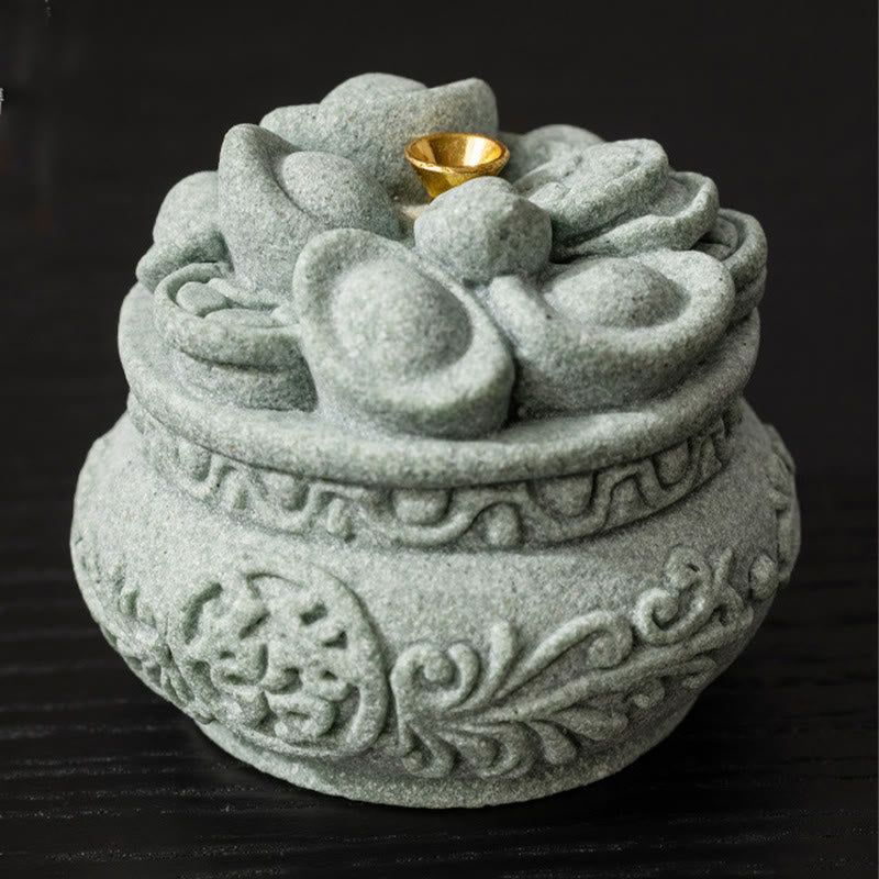 Fu Character Sandstone Incense Burner – lotus lid on solid black backdrop, sandstone incense burner