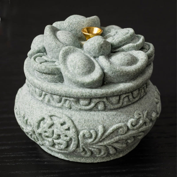 Fu Character Sandstone Incense Burner – lotus lid on solid black backdrop, sandstone incense burner
