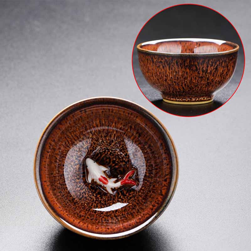 Jianzhan Koi Teacup – top-down view into cup showing full koi scene, 60ml ceramic
