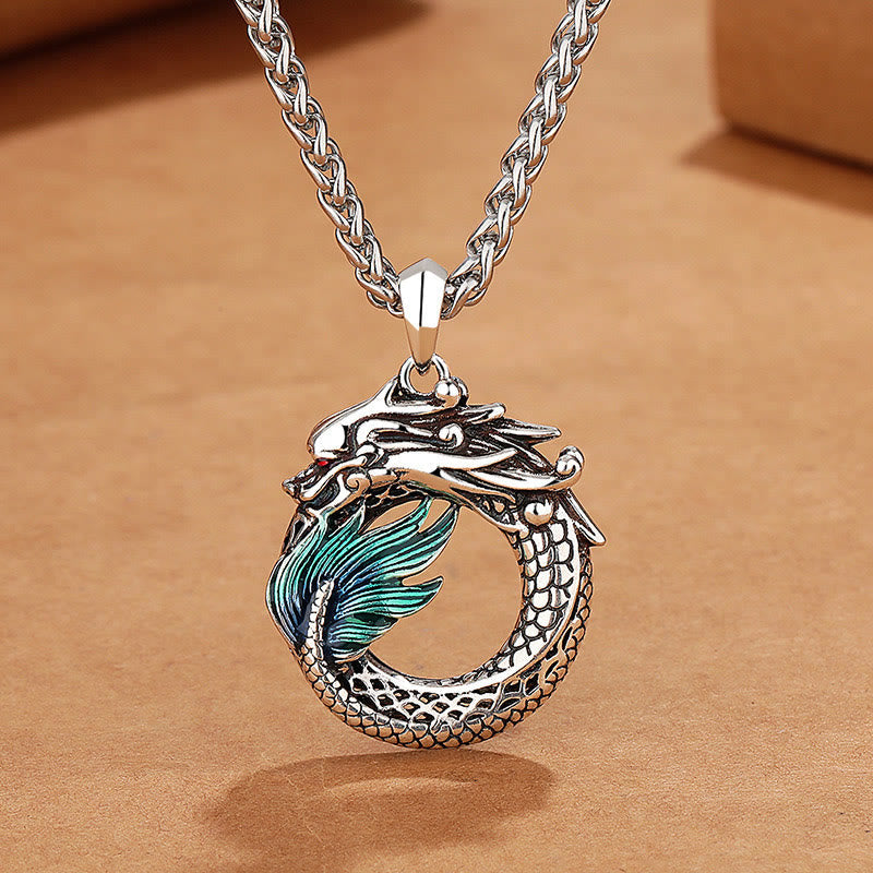 Tibetan Copper Dragon Necklace - Ouroboros dragon with teal enamel tail on chain, Powerful