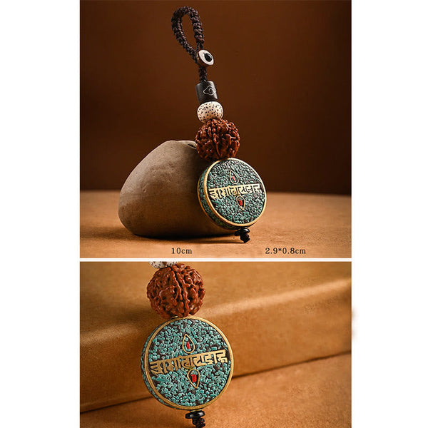 Tibetan Bodhi Seed Peace Key Chain – Enamel bead with gold mantra, lotus seed and evil eye beads, Zen pendant